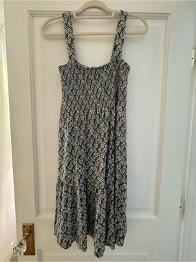LOFT Black and White Floral Smocked Midi Dress